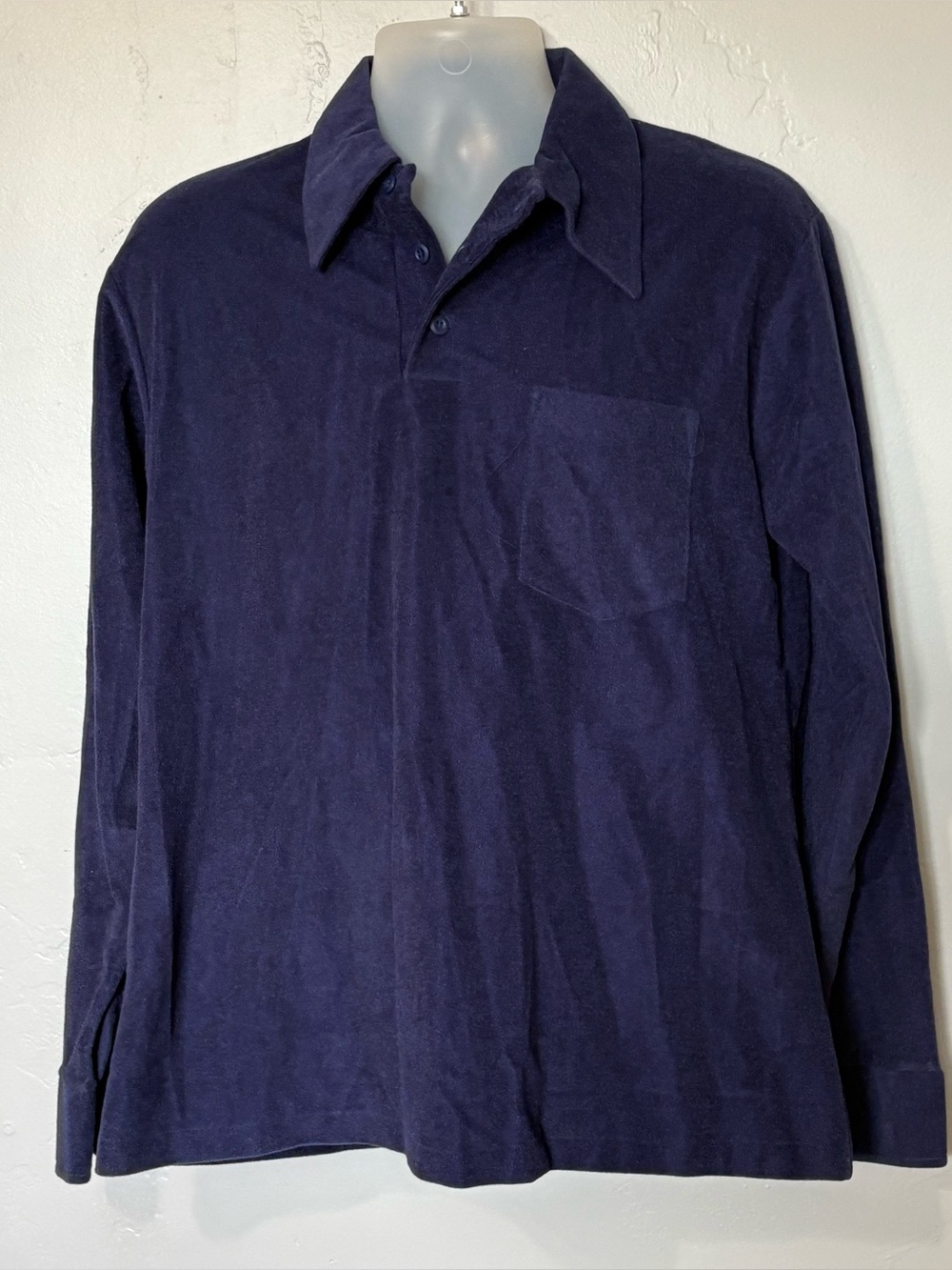 VTG 1980s Wrangler Wrapid Transit Blue Velour long sleeve Polo USA Made sz L